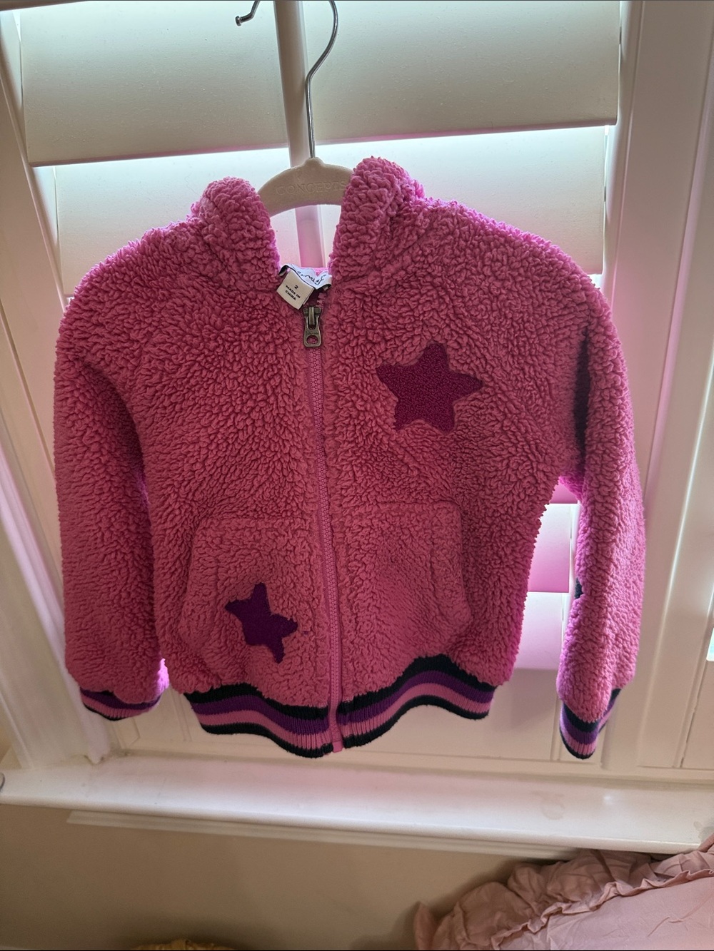 Splendid Pink Sherpa Zip Hoodie with Star Patches